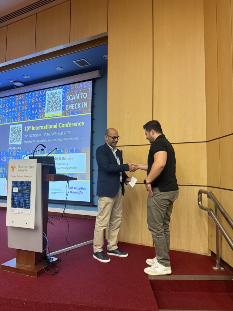 Best Oral Presentation Award presented to Ioannis Livanos (PhD candidate), Neurogenetics Department, The Cyprus Institute of Neurology and Genetics